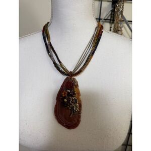 Natural Elements “N” Agate Slice Necklace – Floral Mixed Media Statement Pendant